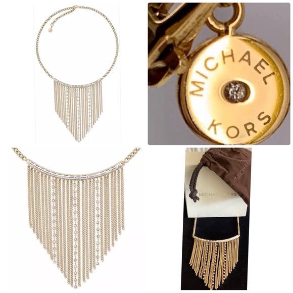 🚨Final Sale🚨 !! NIB Michael Kors Godtone Fringe Bib Necklace w/Crystals - Picture 5 of 6